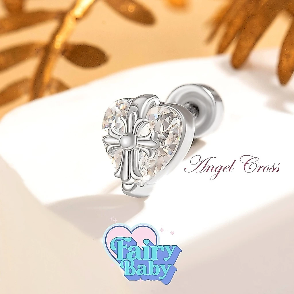 Fairybaby จิว Angel Cross (1 ชิ้น) แป้นแบน จิวหู หัวใจ ไม้กางเขน เท่ คูล หนา 0.8 ยาว 6 mm (J3-001)