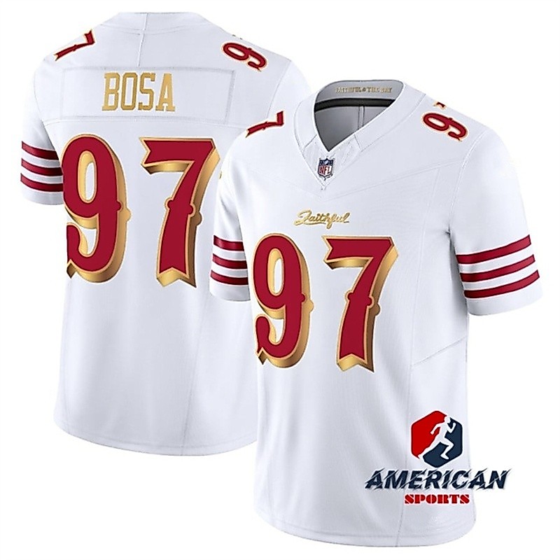 Mens 2025 San Francisco 49ers Nick Bosa White Gold Limited American Football Jersey