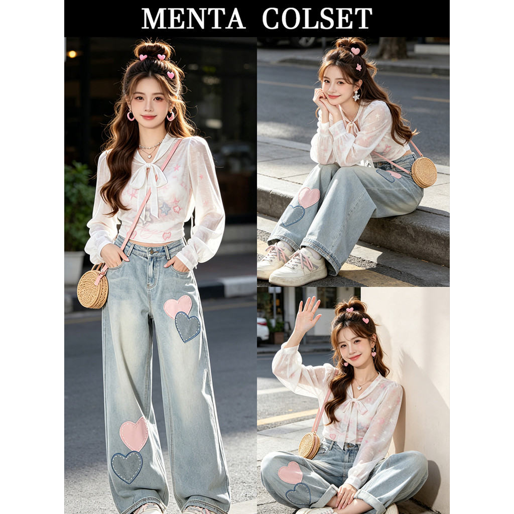 MentaCloset 2026 กางเกงยีนส์สีฟ้าลายหัวใจน่ารัก ทรงเข้ารูป ช่วยให้ดูผอมเพรียว ทรงขาตรง M/L 6655