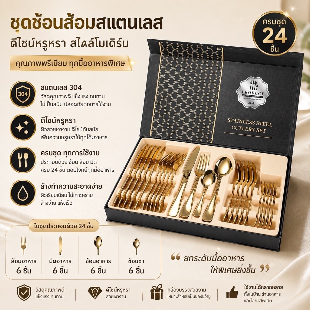 ชุดช้อนสแตนเลสอย่างดีพร้อมกล่อง 24pcs พร้อมส่ง🔥 สวยงาน ทางเลือกที่ดีที่สุดสำหรับของขวัญ