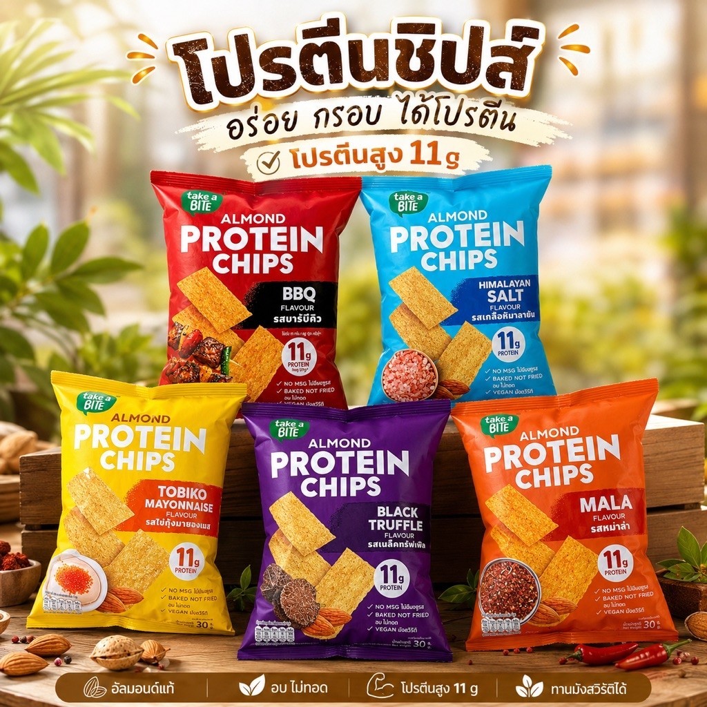 อัลมอนด์โปรตีนชิปส์ almond protein chips โปรตีนชิปส์ กรอบ อร่อย เข้มข้น โปรตีน 11 กรัม