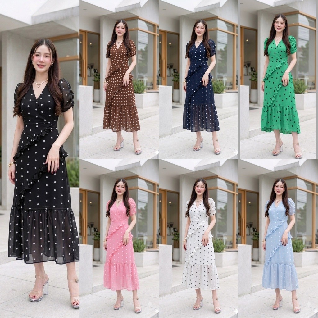 ชุดเดรสยาวผ้าชีฟองรหัส 407 คอวีแขนเจ้าหญิงกระโปรงระบายเฉียงความยาว 50 นิ้วลายโพกาเดท