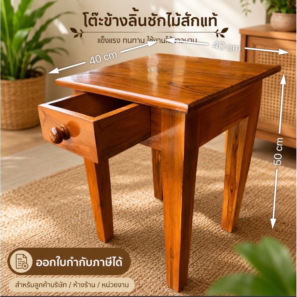 โต๊ะไม้สักแท้โต๊ะหัวเตียง โต๊ะลิ้นชัก ออกใบกำกับภาษีได้ค่ะ โต๊ะวางของโต๊ะสนามโต๊ะกาแฟ ขนาดสูง50cmกว้าง40cmลึก40cm เฟอร