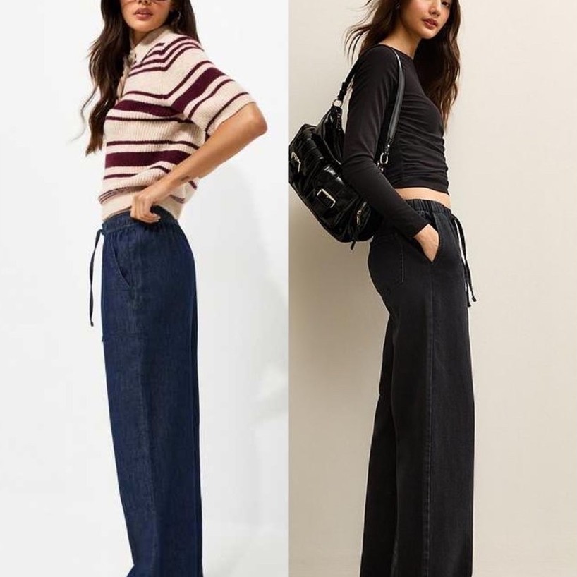 D..KNY Wide leg jeans กางเกงยีนส์ผ้ายืด เอวยืด มีเชือกปรับรูดได้ งานแท้ ป้ายครบ