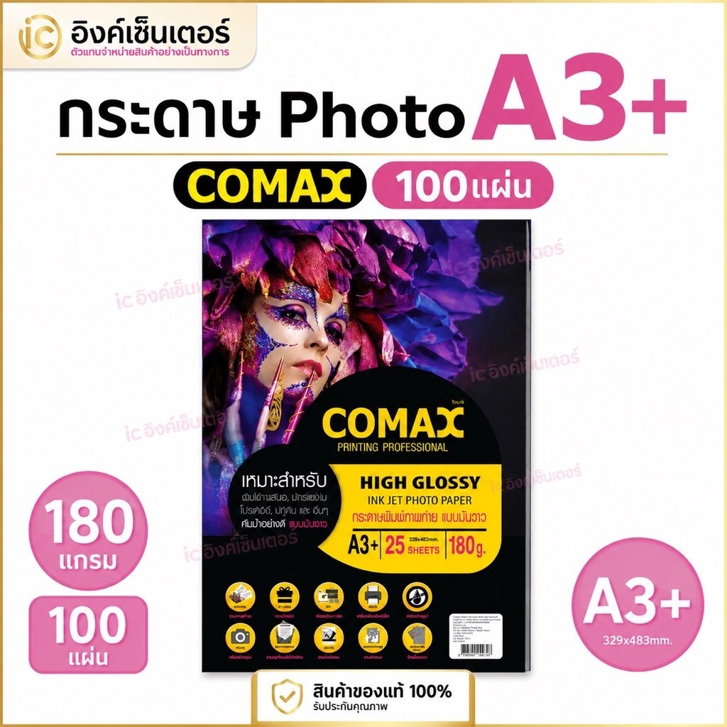 COMAX A3+ กระดาษโฟโต้A3 + 180แกรม HIGH GLOSSY PHOTO INKJET PAPER (WATER RESISTANT) กระดาษพิมพ์ภาพถ่าย มันวาว กันน้ำ A3 +