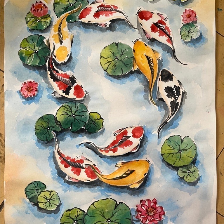 ภาพวาดปลาคราป9ตัว ว่ายวนเป็นเลข9 ภาพวาดสีน้ำ ขนาดA2 นำไปใส่กรอบ เสริมมงคลโชคลาภ