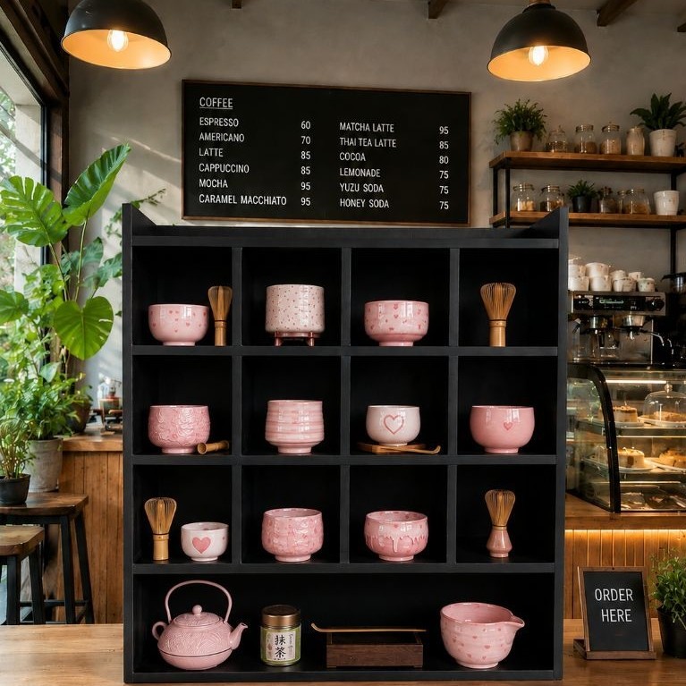 ชั้นวางถ้วยมัทฉะชั้นวางแก้วสีโอ๊คดำ6ช่อง,12ช่อง