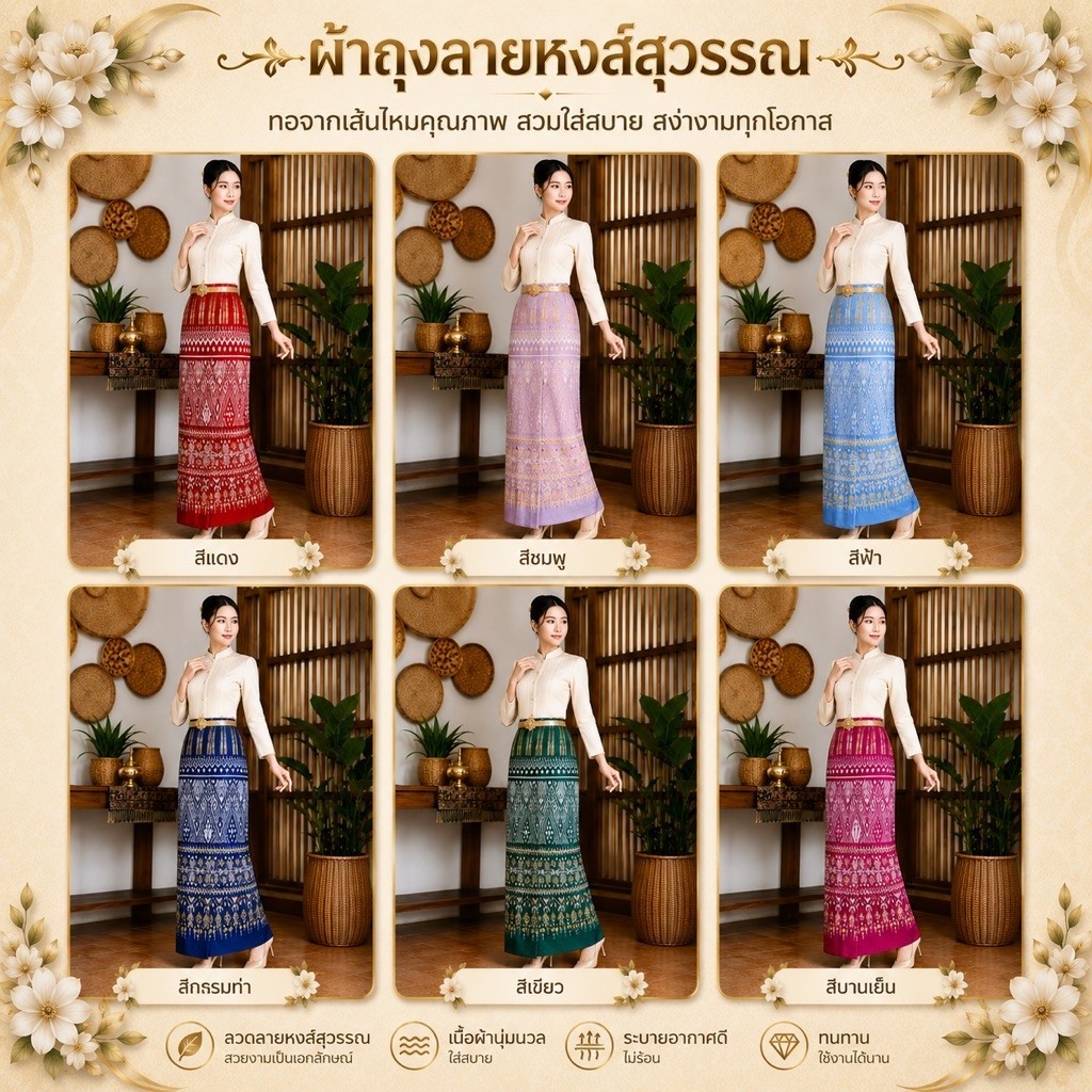 ผ้าถุงลายหงษ์สุวรรณ งานทอผ้าฝ้ายผสมไหม งานทอผ้าฝ้ายทอทั้งผืน