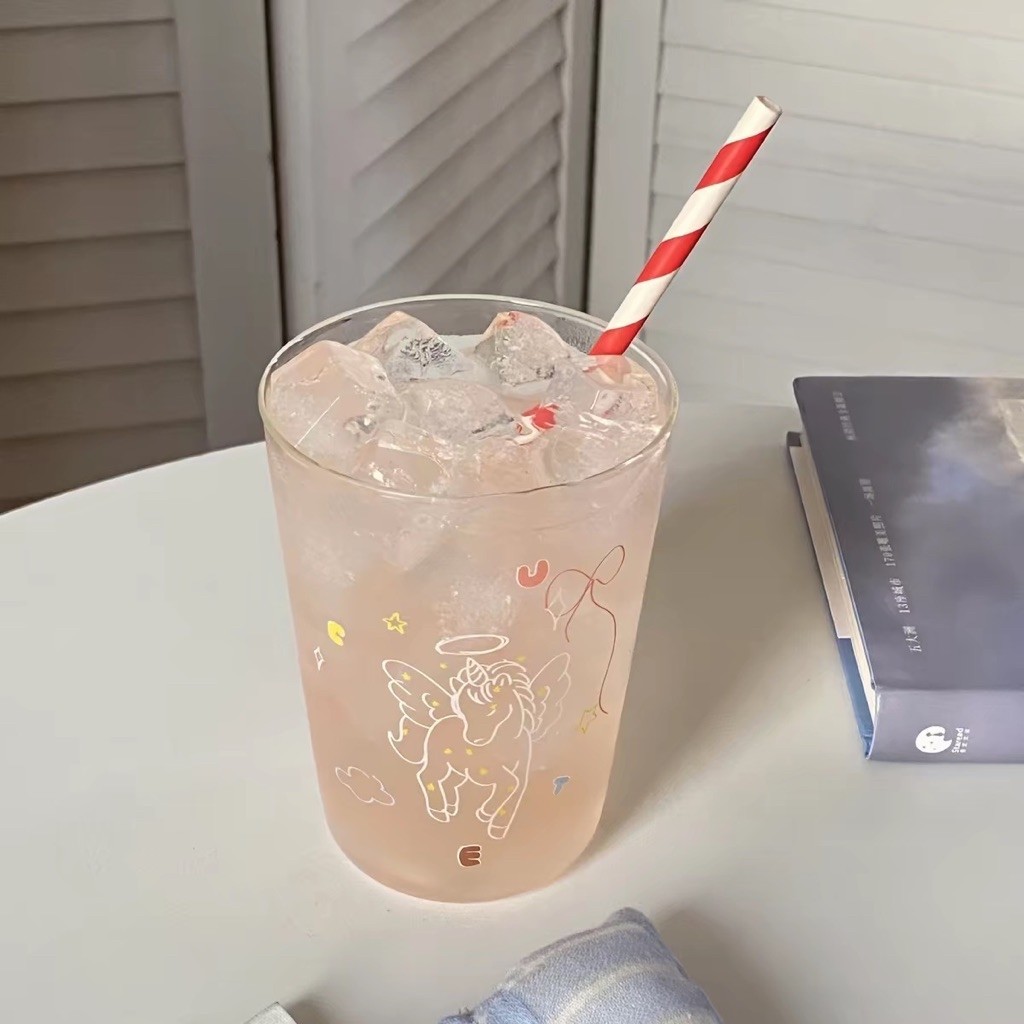 พร้อมส่ง Cute unicorn ะแก้วใสลายยูนิคอร์น แก้วกาแฟ แก้วมัทฉะ ความจุ 350 ml