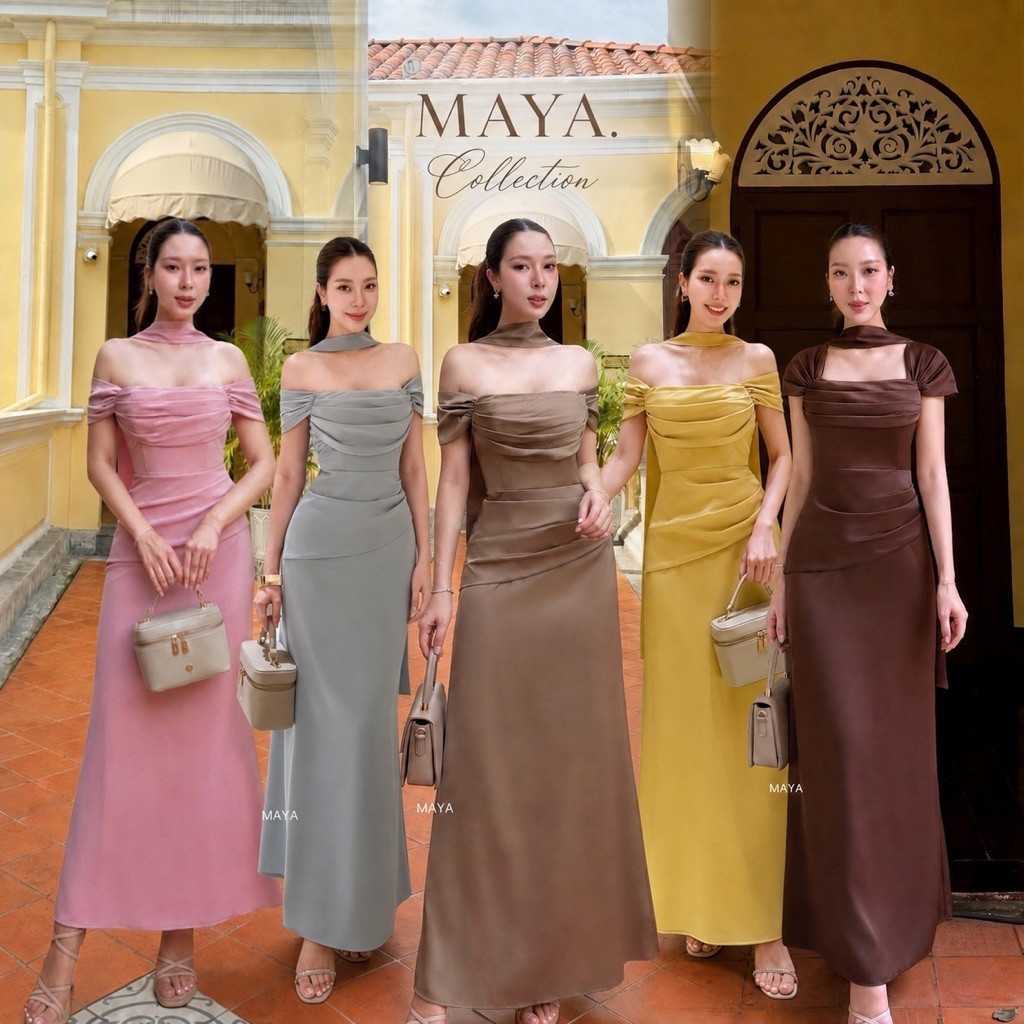 ชุดเปิดไหล่ ชุดเพื่อนเจ้าสาว สีฟ้า เหลือง มาใหม่ ชุดไปงาน s-2xl MAYA(G158) เรียบหรูดูแพง