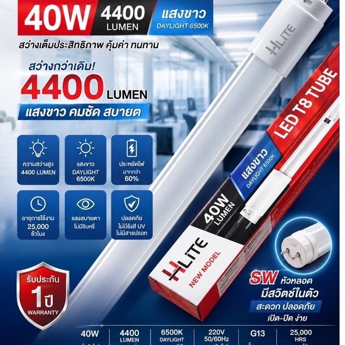 H-LITEหลอดนีออน LED T8 40W 4400LM.และ20W2200LM.(ใหม่ล่าสุด)คุณภาพ แสงสว่างจัด ใช้งานคุ้มค่า