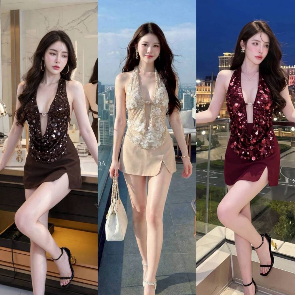 Sunida ชุดเซต2 ชิ้นสีครีม แชมเปญ เสื้อผูกคอเกล็ดปลาแต่งอะไรหัวใจด้านหน้าด้านหน้าเป็นคอถ่วง+ กระโปรงผ่าหนาสีครีม