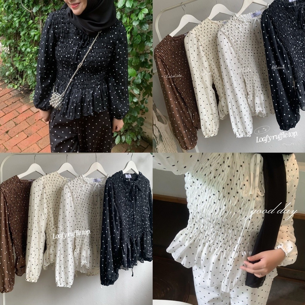 Loafy ruffle top ˖ ࣪(polka dot+3สีใหม่)  ౨ৎ -สม็อคช่วงตัวด้านหน้า และหลัง -หายห่วงเรื่องความบาง มาพร้อมซับในทั้งตัว