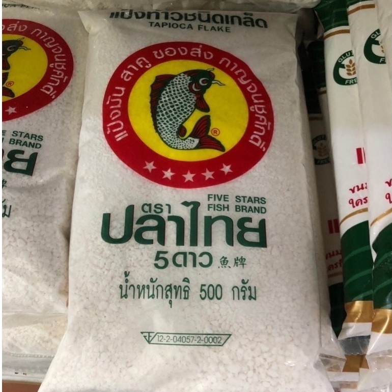แป้งท้าวยายม่อเกล็ด ตรา ปลาไทย 5 ดาว น้ำหนัก 500 กรัม ใช้ทำขนม แป้งท้าว แป้ง เนื้อละเอียด ละลายง่าย