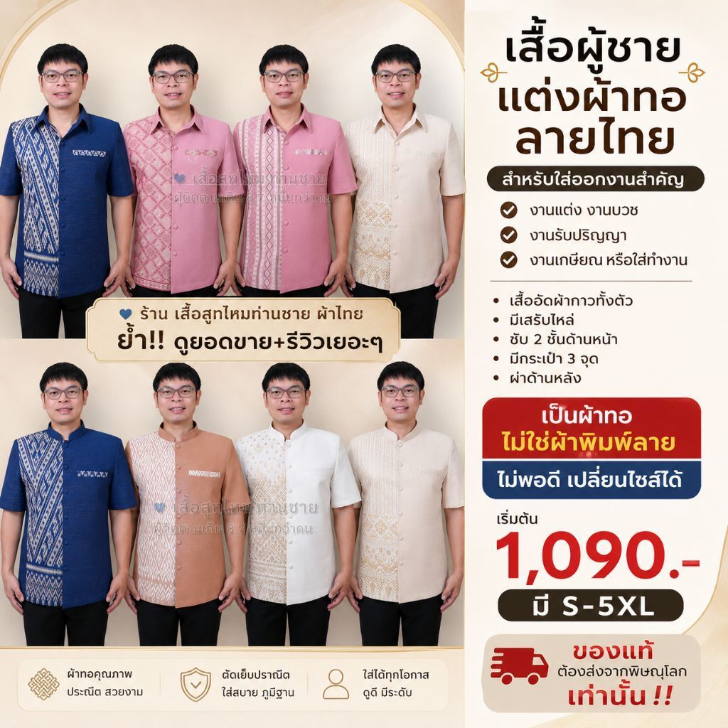 เสื้อสูทซาฟารี เสื้อผ้าไหมชาย พื้นแต่งผ้าลายไทย มีของพร้อมส่ง ใส่งานแต่ง งานบวช ใส่ทำงาน(อัดผ้ากาว) ส่งเปลี่ยนไซส์ได้