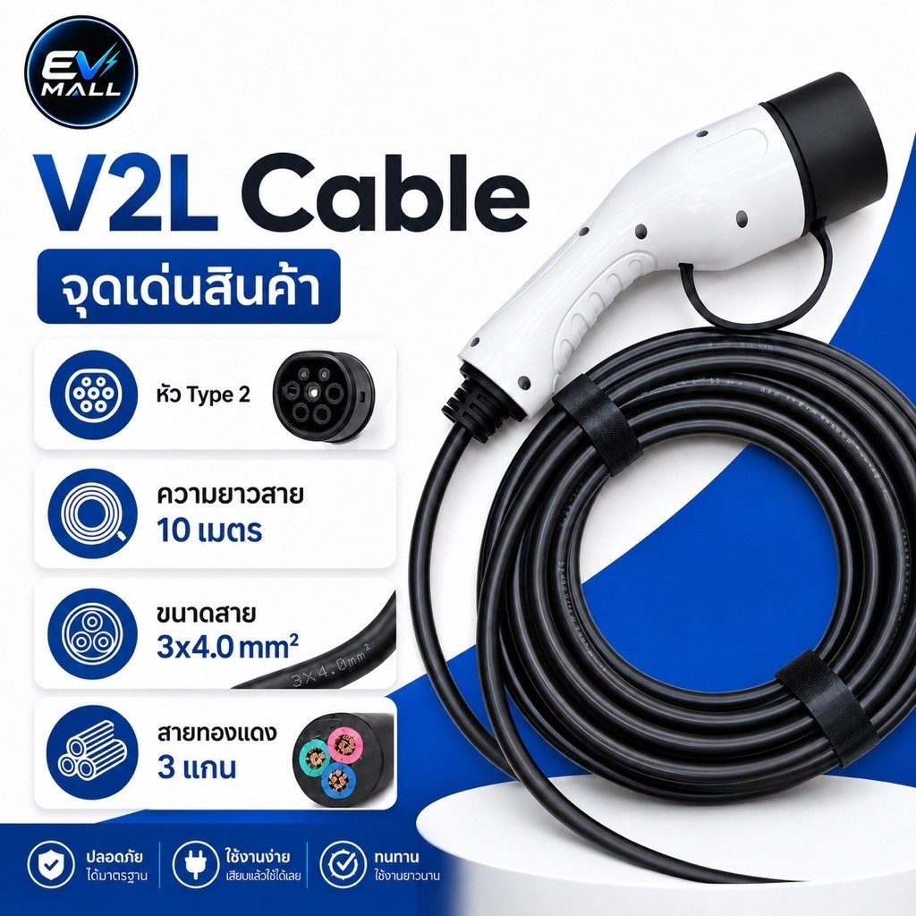สาย V2L รองรับกำลังไฟ 4,000W มีเฉพาะหัวชาร์จกับสาย สำหรับ DIY ให้ใช้งานกับรถไฟฟ้าของคุณ