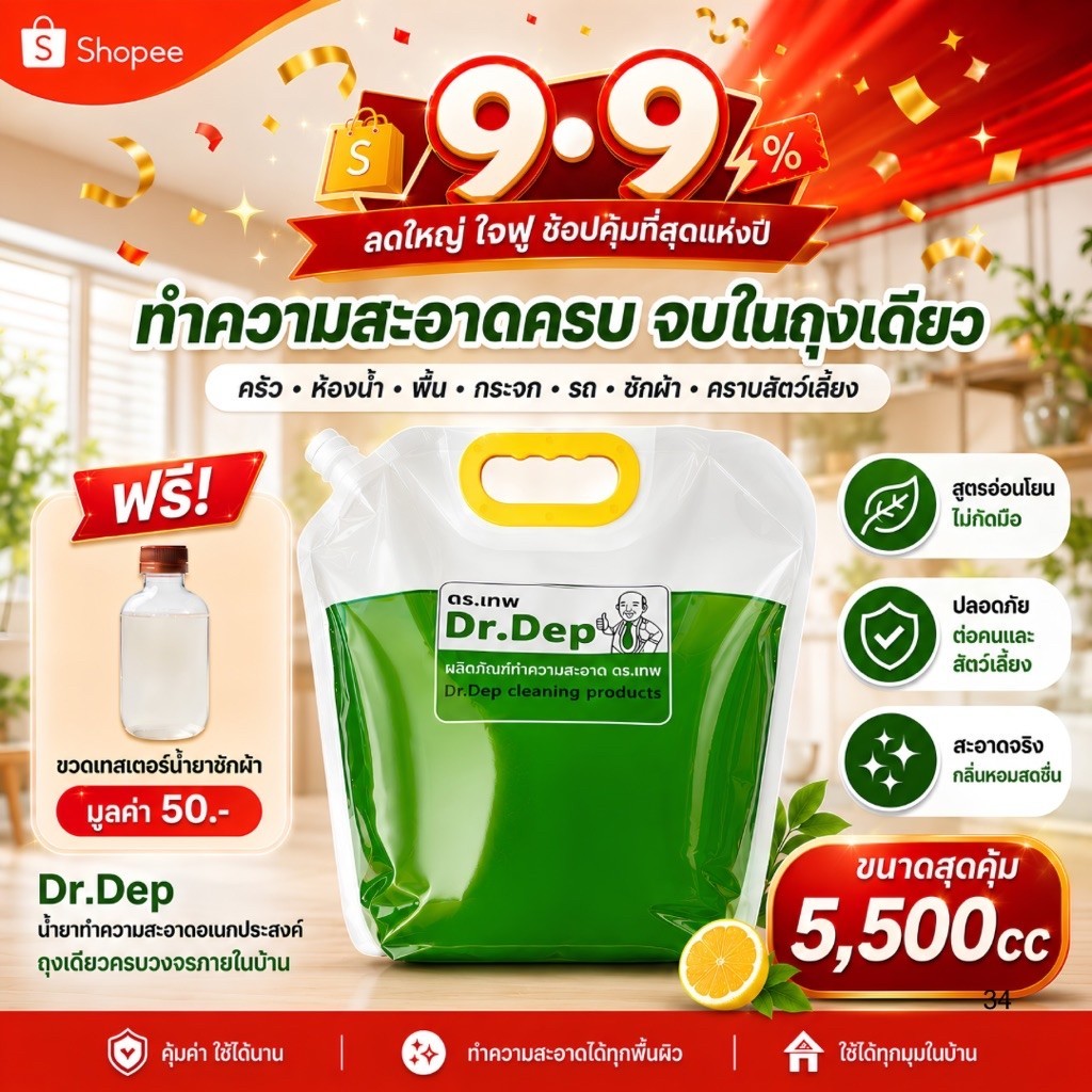 Dr.Dep ขนาด5500cc น้ำยาทำความสะอาดอเนกประสงค์ สูตรสกัดจากธรรมชาติ เข้มข้น ประหยัด ไม่กัดมือ