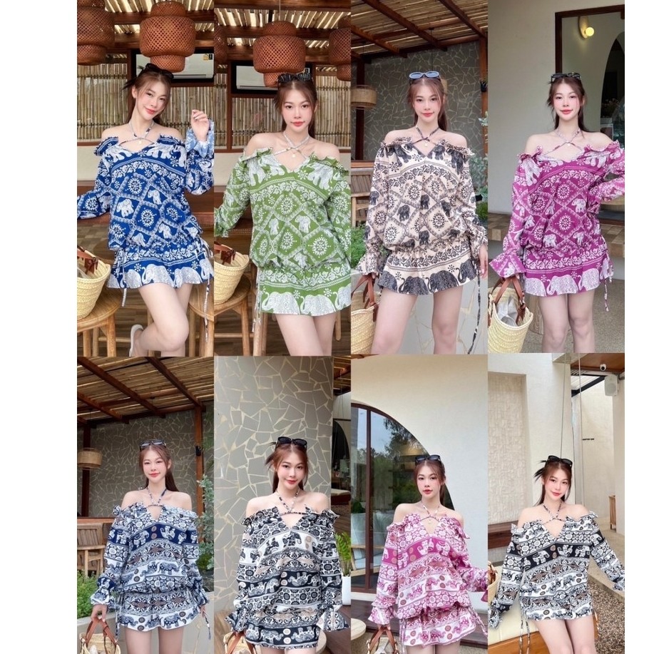 Teera❤️พร้อมส่ง✨♡ มินิเดรสลายช้าง🐘🏝️นางแบบใส่งานจริง🌈ทรงปาดไหล่ จั๊มยางยืดตรงสะโพก ผ้าสปันใส่สบาย👍🏻เย็บอย่างดี🌟sheeny