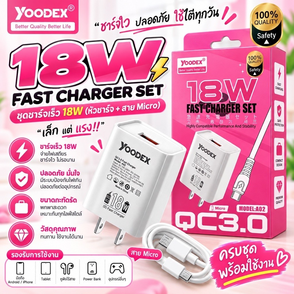 ชุดชาร์จ yoodex 18w USB Mirco l USB Tpye-c