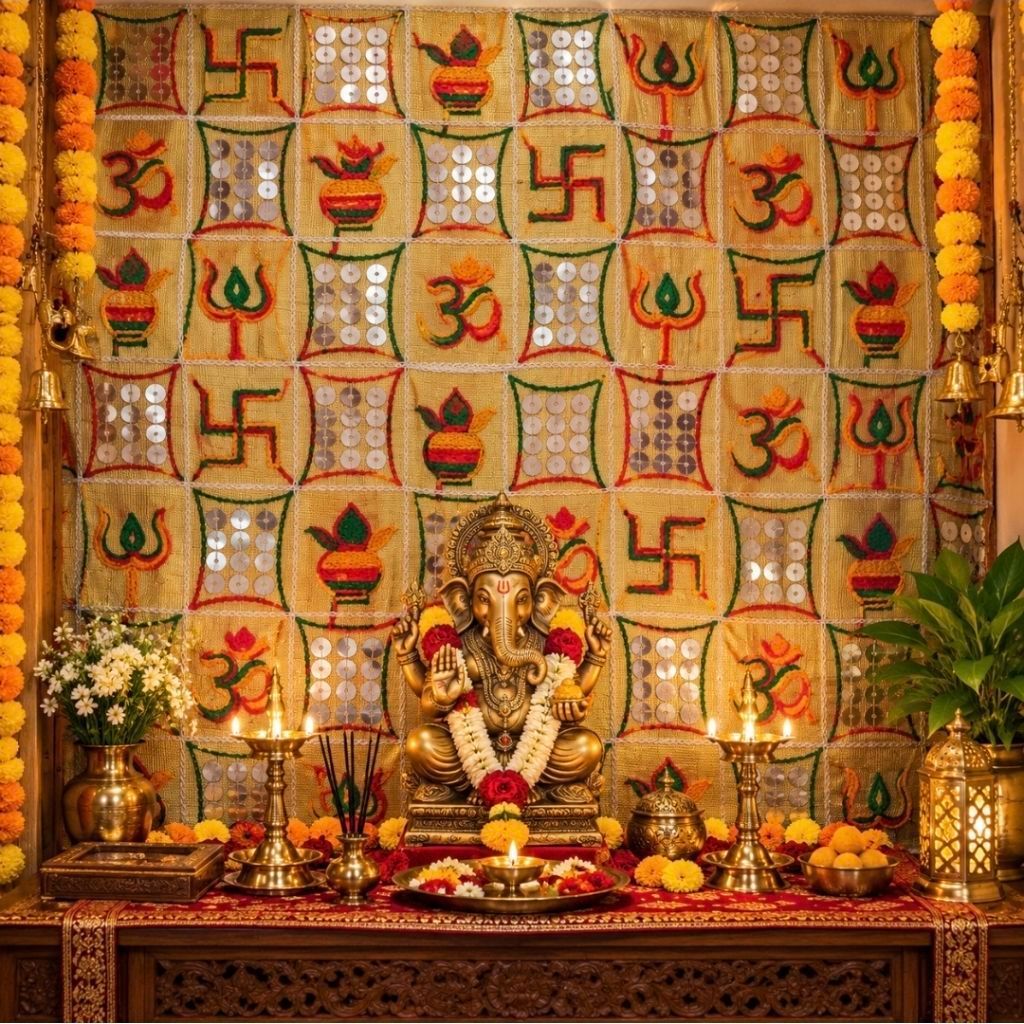 om swastik kalash fabric Traditional Indian Embroidered Sequin Fabric by Meter | Multi Use Pooja Dec