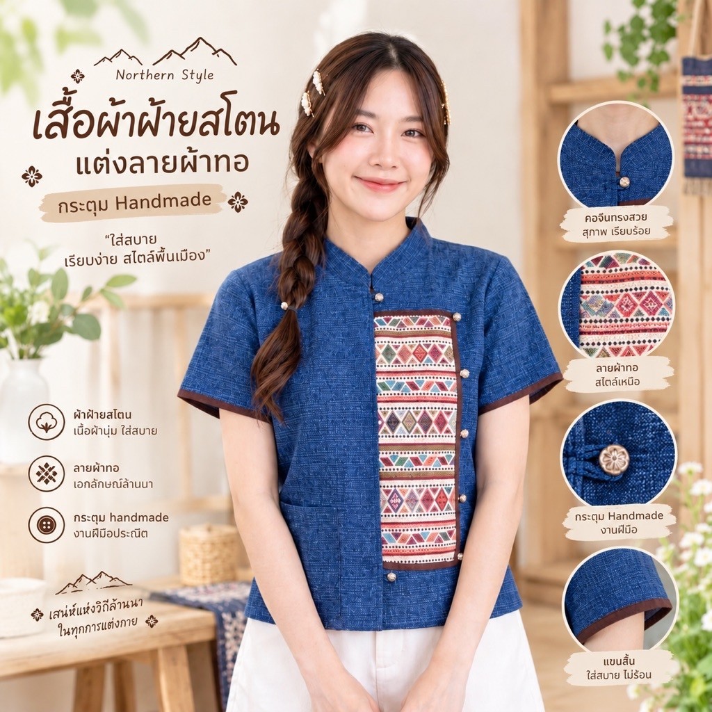 เสื้อผ้าฝ้ายผู้หญิงคอจีน เนื้อผ้าสโตนวอช แต่งลวดลายผ้าทอ มีกระเป๋าเสื้อ สีไม่ตก ผ้าไม่หด