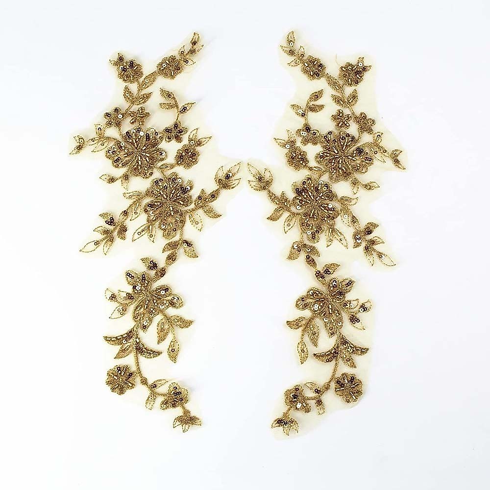 1 คู่ลูกปัดเย็บปักถักร้อยเลื่อมลูกไม้ Applique Golden เย็บดอกไม้ผ้า Patch Motif ชุดแต่งงานชุดเจ้าสาว DIY Craft