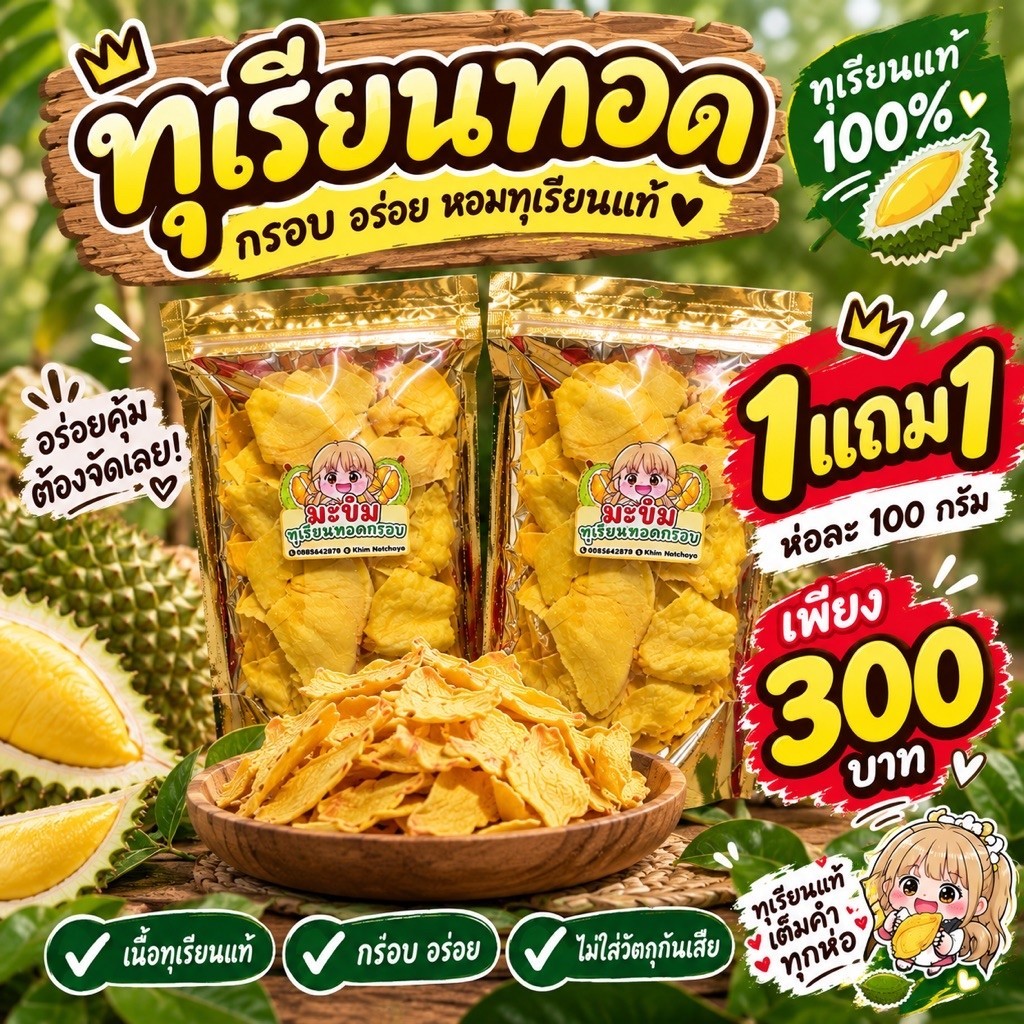 มะขิม ทุเรียนทอดกรอบระยอง เกรดA(100กรัม+100กรัม) กรอบใหม่ หอมมัน ซิปล็อก พร้อมส่ง