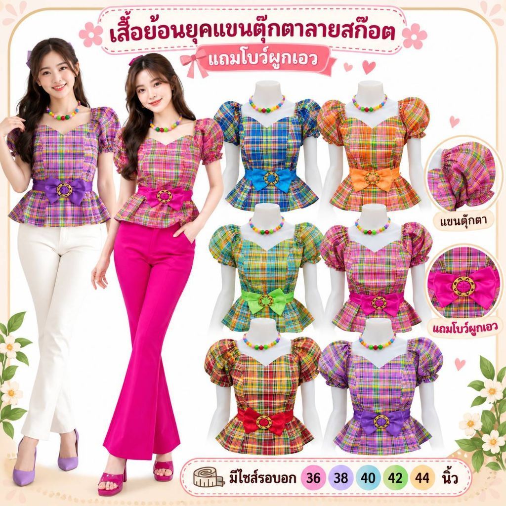 เสื้อทองกวาวลายสก๊อตแขนตุ๊กตา เสื้อลายดอกแขนตุ๊กตา เสื้อทองกวาวย้อนยุค (แถมเข็มขัดโบว์)