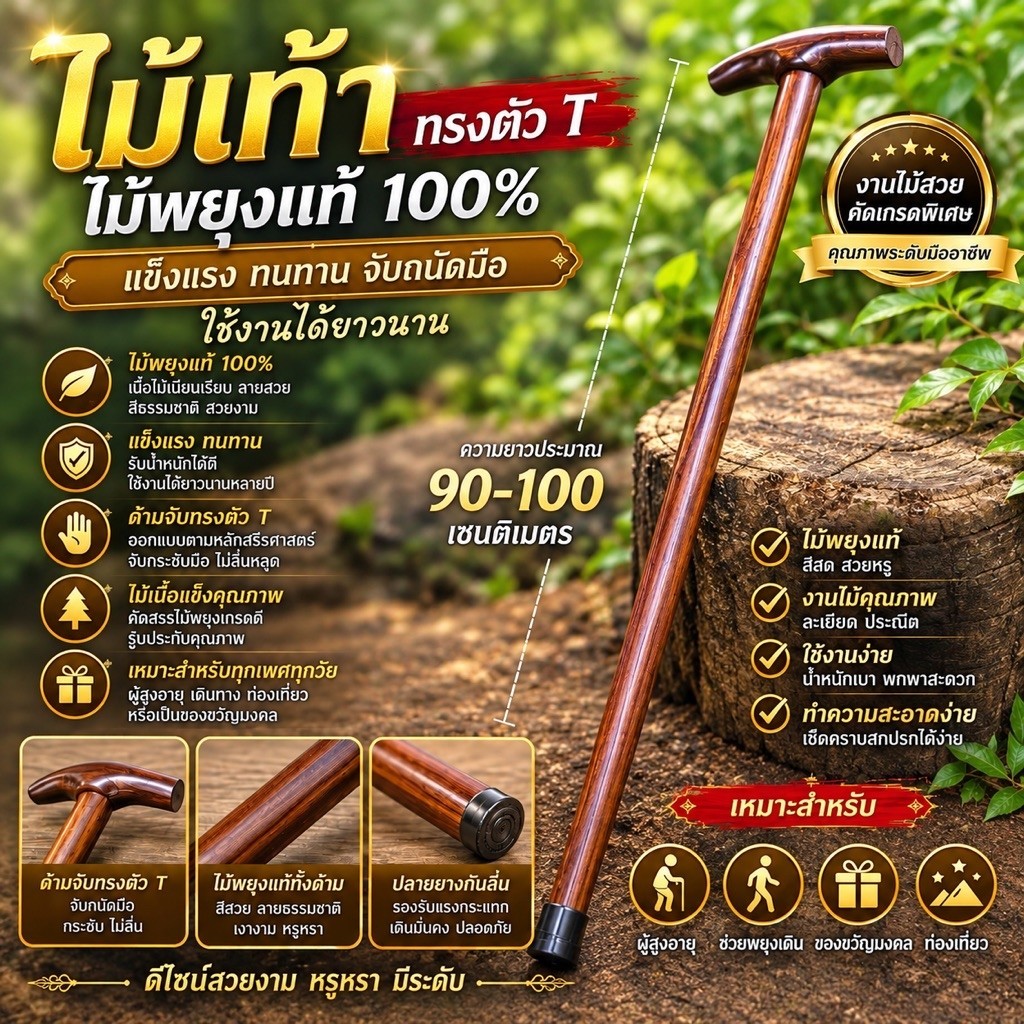ไม้เท้า แบบตัวที่ ทำจากไม้มะค่า ขนาดความยาว 85 เซนต์