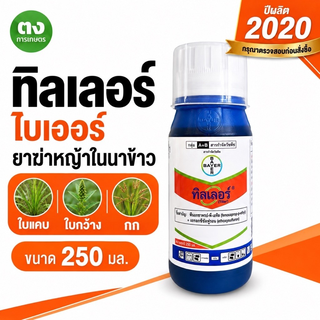 ทิลเลอร์ Tiller ไบเออร์ 250 ซีซี ยาฆ่าหญ้าในนาข้าว ใบแคบ ใบกว้าง กก ฟีโนซาพรอป-พี-เอทิล 6.9% + เอททอกซีซัลฟูรอน 2% SC