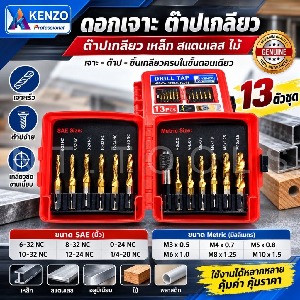 ออกใบกำกับภาษีได้ TOOLS KENZO ดอกเจาะต๊าปเกลียว 13 ตัวชุด รุ่นHSS ยี่ห้อKENZO พร้อมกล่อง ของแท้S