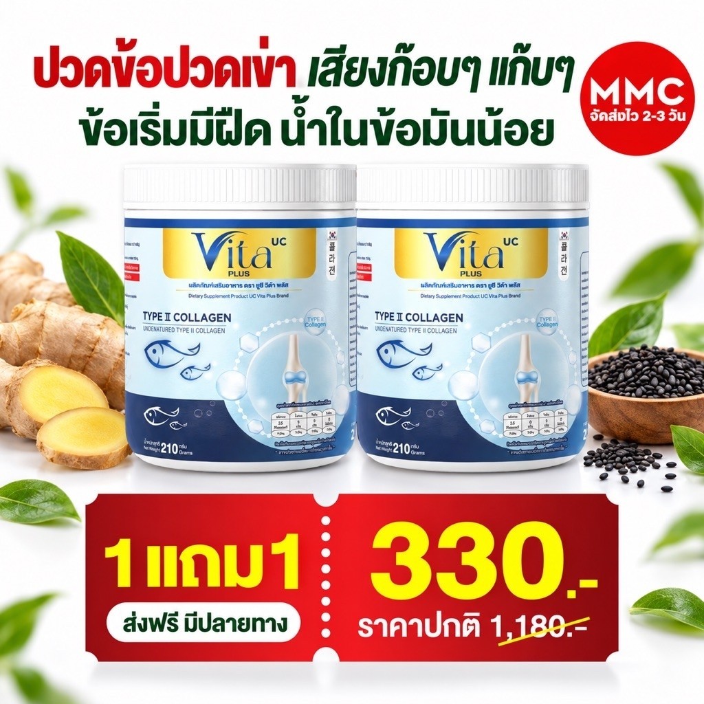Vita คอลลาเจน [ ส่งไว 2-3 ] 210 กรัม สูตรคอลลาเจน เห็นผลไว เข้มข้น หยุดปวด ป้องกันสูญเสีย MMC99 ของแ