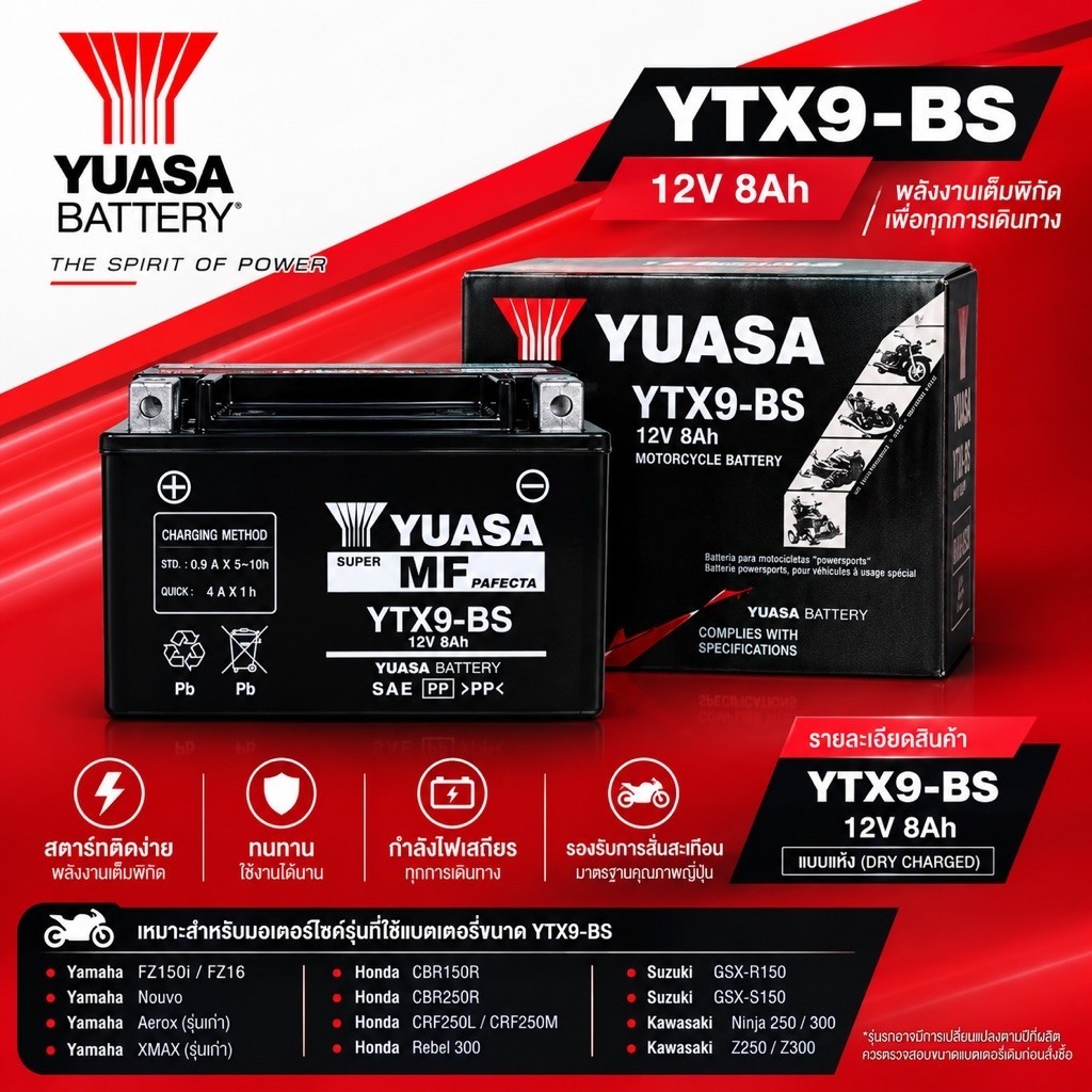 [แท้100%] แบตเตอรี่มอเตอร์ไซค์ YUASA YTX9-BS (12V 8Ah) แบตบิ๊กไบค์ (Ninja250/300/400, Z800/Z900, CBR