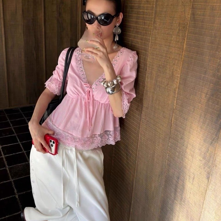 RARIS.CLOSET - Studded Ribbon Lace Trim Blouse