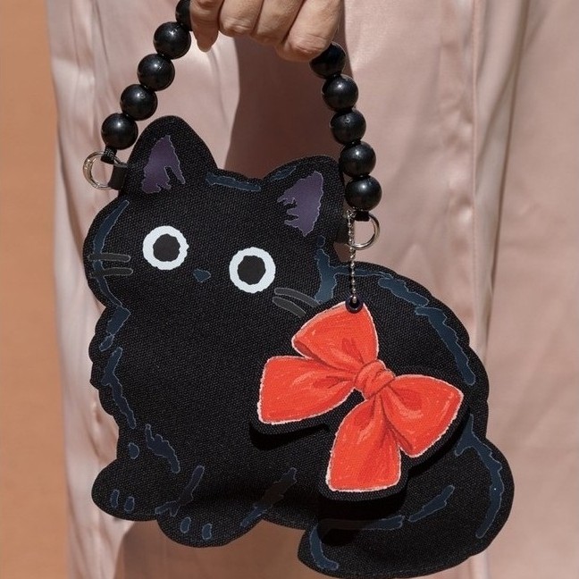 Black Cat Canvas Pouch with Red Ribbon