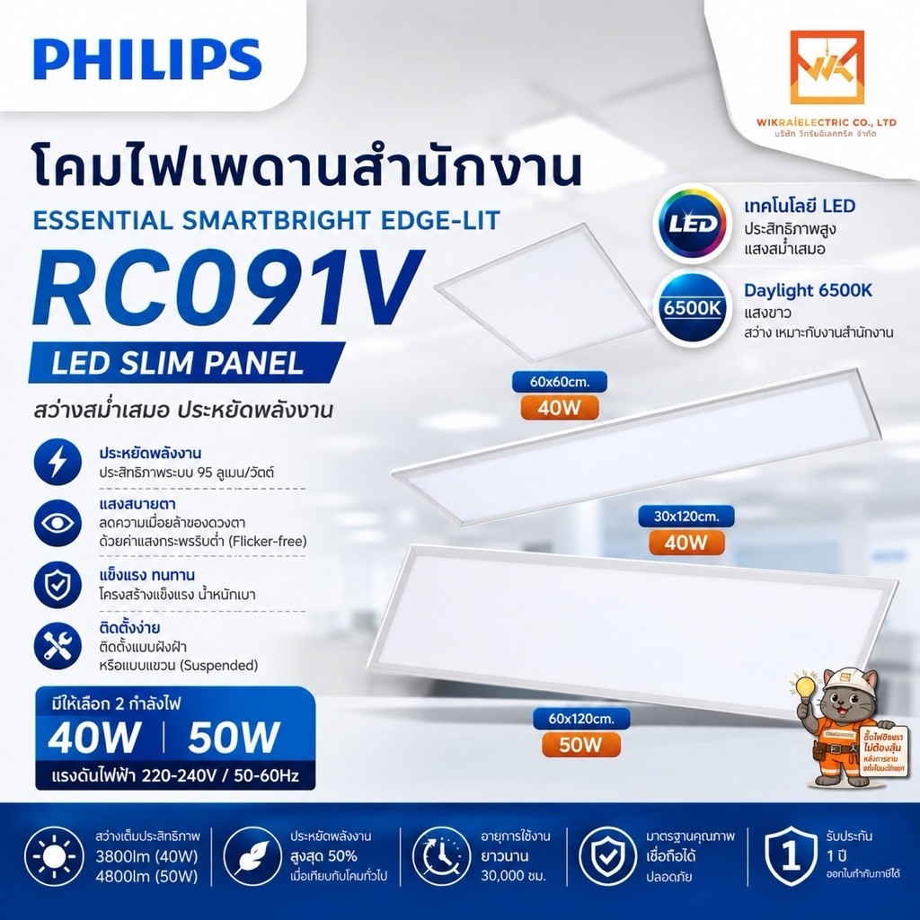 PHILIPS โคมไฟ SmartBright LED Slim Panel ฟิลิปส์ ขนาด 60x60 30x120 60x120cm. รุ่น RC091V 40W และ 50W แสงขาว 6500K
