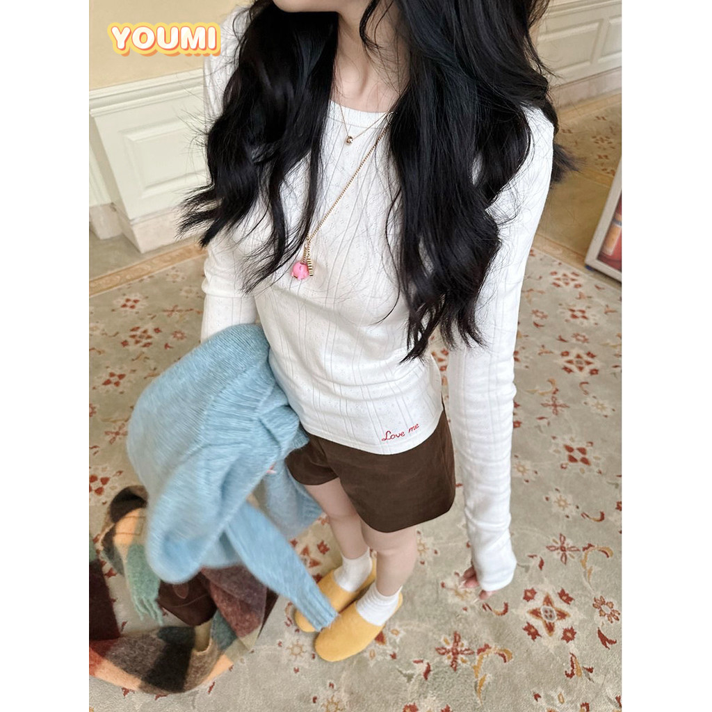ส่งไวจากไทย เสื้อยืดแขนยาวปักลาย แจ็คคาร์ด สไตล์เกาหลีของแท้ไหล่ คอกลม🎀YOUMI