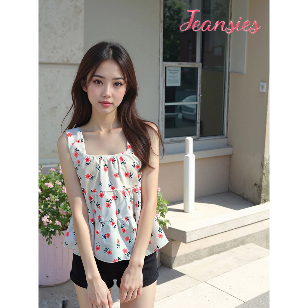 เสื้อแขนกุดผู้หญิงสั้น ตัวเสื้อสวยงาม แขนสั้นลายดอกไม้