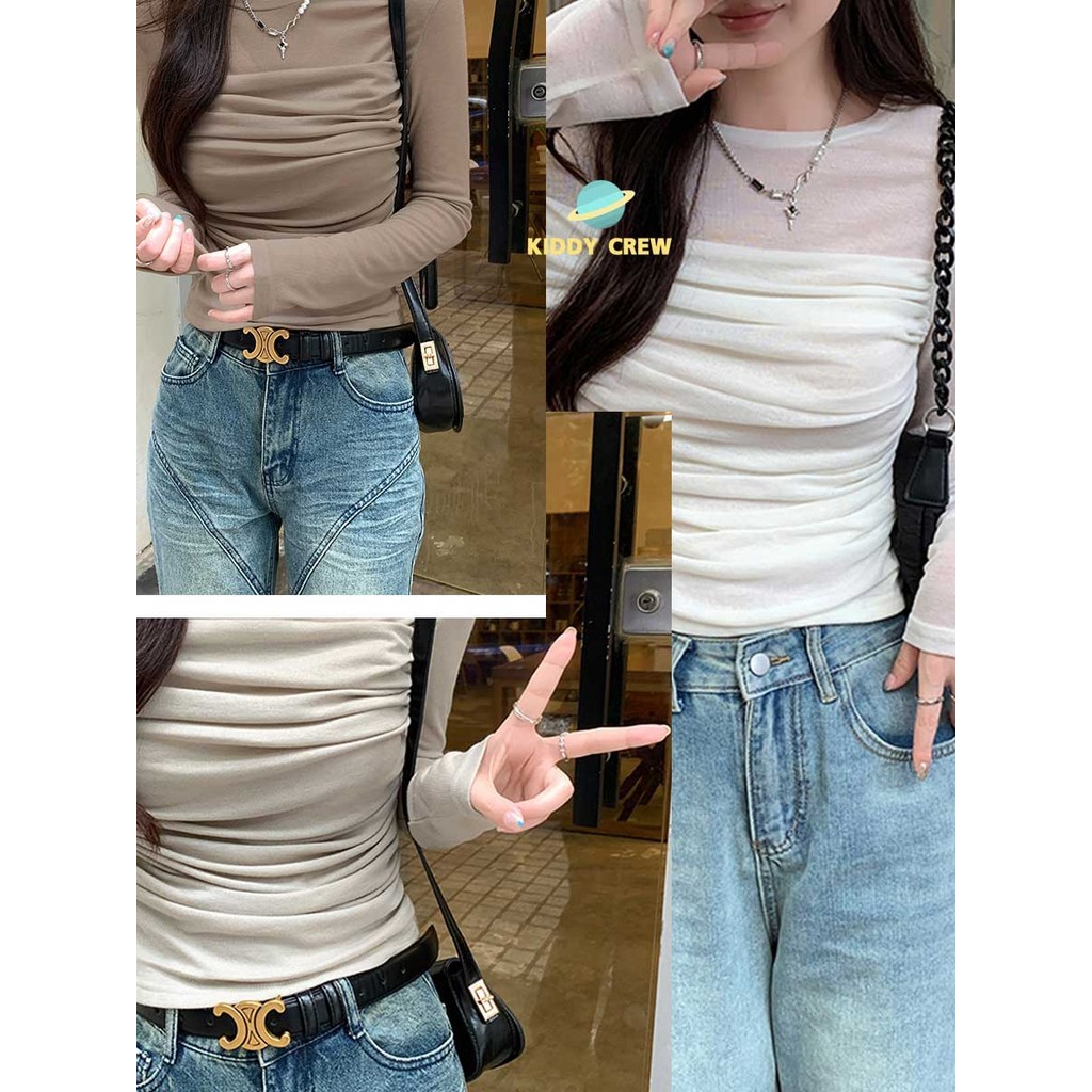 เสื้อยืดแขนยาวโทนหรู ดีเทลจีบรอบเอว