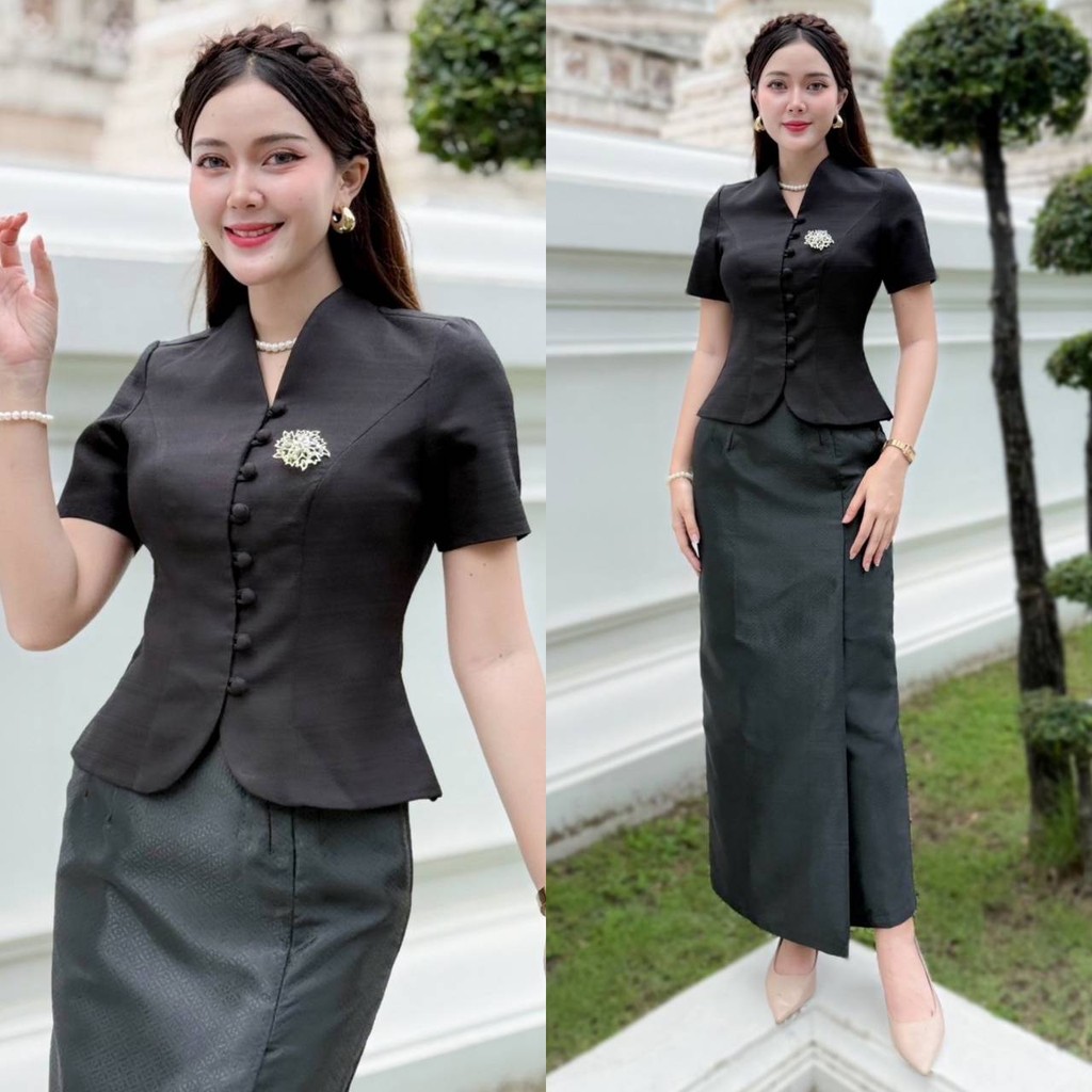 HM – SET (ขายแยก) เสื้อลูกไหมม่อนสีดำขนสั้น กระดุมหน้า +ผ้าถุงสีดำแบบสำเร็จรูปผ้าฝ้ายทอป้ายสำเร็จรูป ชุดไทยสีดำ ไปงานบุญ