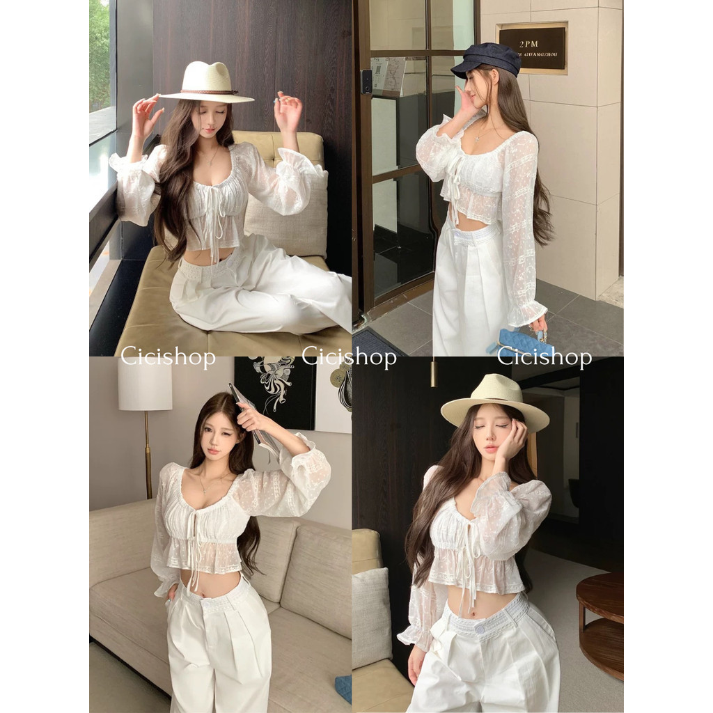 Cicishop(Y6380) เสื้อครอปแขนยาวคอวีแต่งลายลูกไม้ผ้าโปร่ง จั้มช่วงอกดีเทลผูกด้านหน้า แซ่บสุดเข้ากับฤดูร้อนนี้