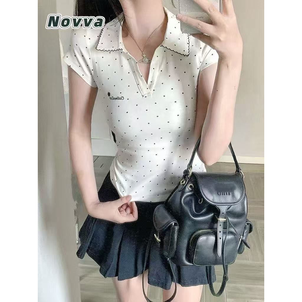 ส่งไวจากไทย ปัก เสื้อยืดแขนสั้นคอปก รวมเสื้อลายจุด เสื้อคอปกกระดุมหน้า ผ้านิ่ม ใส่บาย🎀Novva