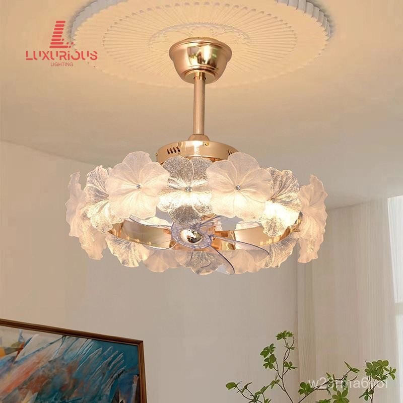 Petal Crystal Bedroom Ceiling Fan Light Creative Glass Fan Ceiling Light Rotating Fan Integrated Mas