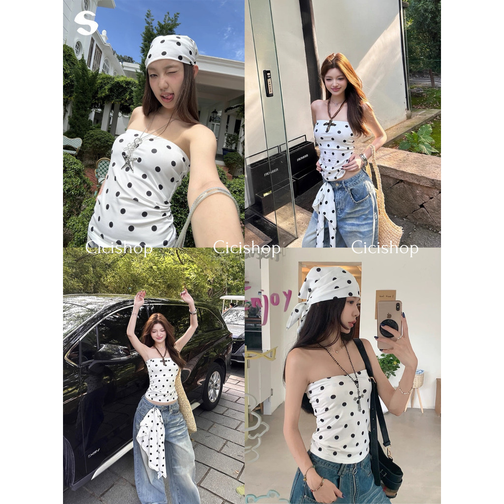 Cicishop(J2279)Set 2 ชิ้น เสื้อเกาะอกลาย Polka dot ตรงอกเย็บ 2 ชั้นมีตัวกันลื่นรัดรูป มาพร้อมกับผ้าโพกหัว สไตล์สตรีทแวร์