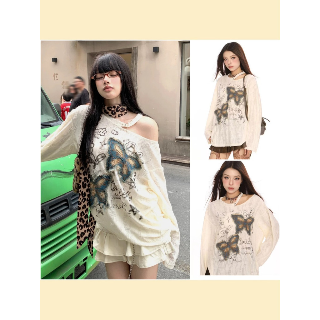 พร้อมส่ง🌟เสื้อยืดผู้หญิง แขนยาวเปิดไหล่ สไตล์ฤดูใบไม้ผลิและฤดูใบไม้ร่วง ใส่สบาย ชิคและเก๋ เสื้อยืดแขนยาว