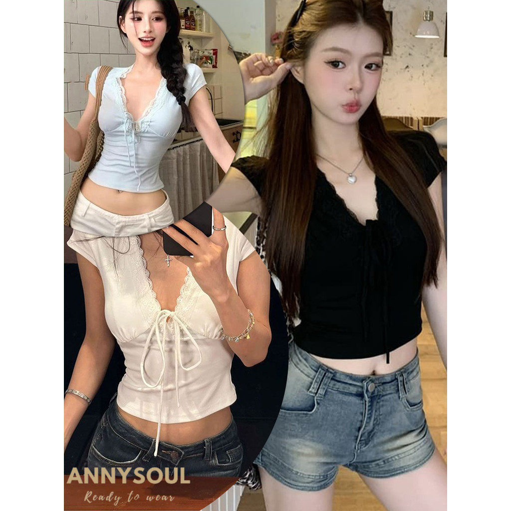 เสื้อครอปแขนสั้น ดีไซน์เย็บผ้าลูกไม้ดูดี