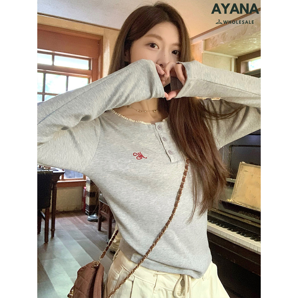 เสื้อยืด แขนยาว คอกลม ขอบลูกไม้ ดีไซน์เข้ารูป
