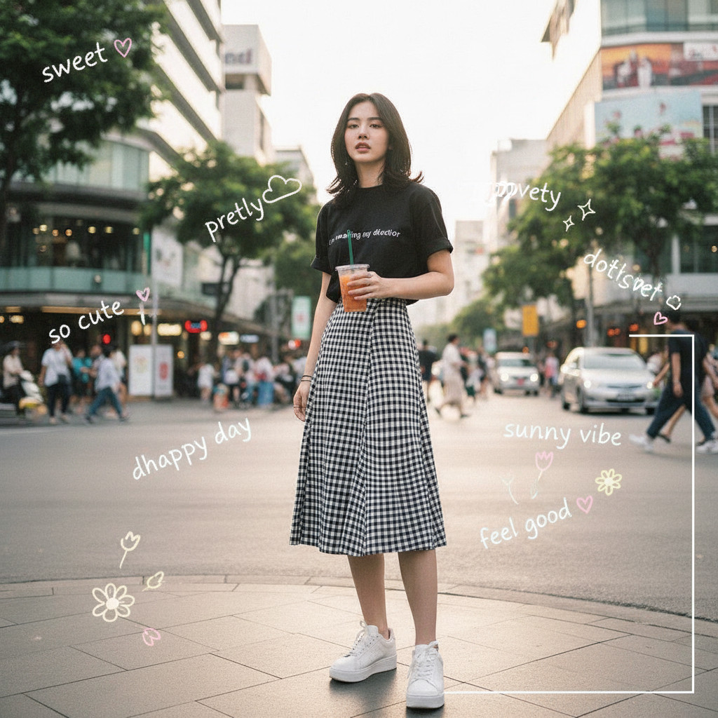 ꕥCatalog Fashionꕥ ชุดเซ็ตแฟชั่นเสื้อยืดสกรีนตัวหนังสือ+กระโปรงลายสก็อตยาวคลุมเข่า