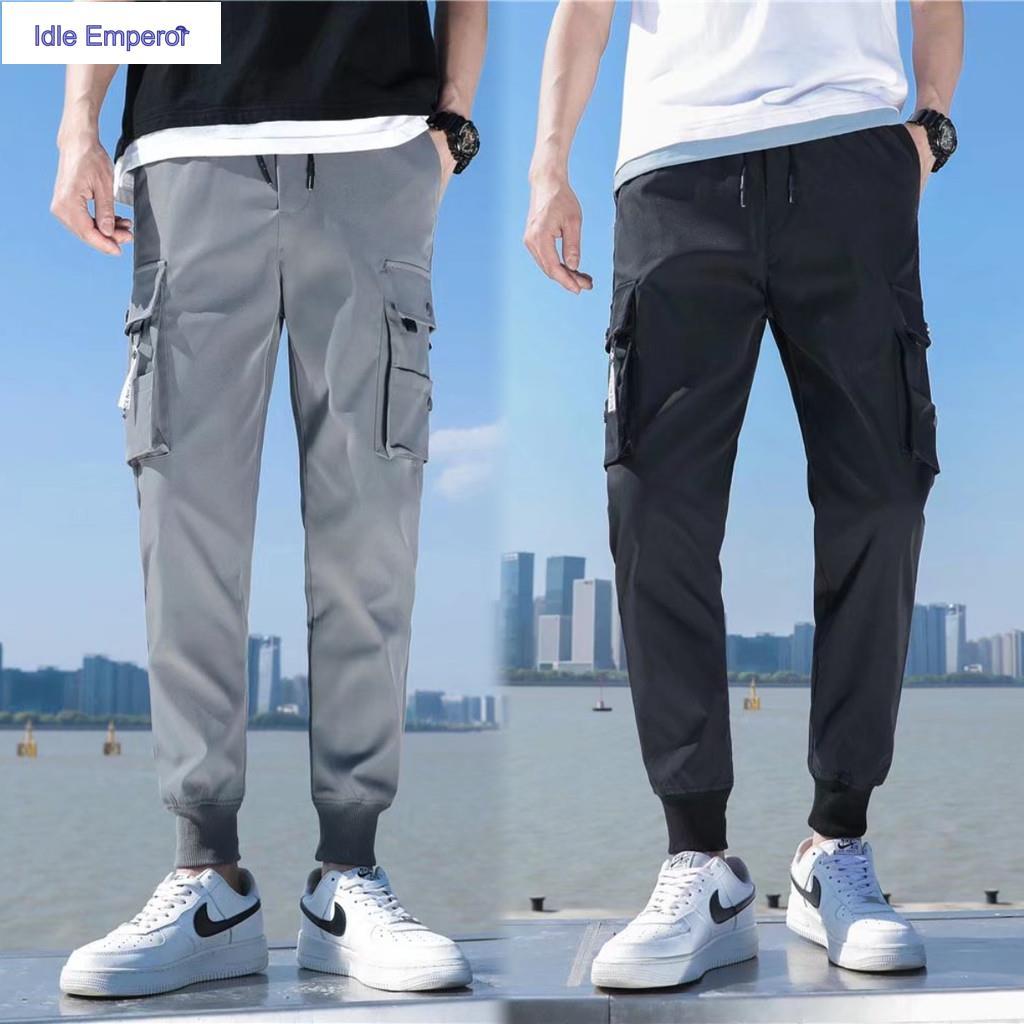 S-5xl ฤดูร้อนผู้ชายหลายกระเป๋าบาง Cargo Tactical กางเกงเอวยางยืดสบายๆกีฬา Jogger สีดําสีเทา