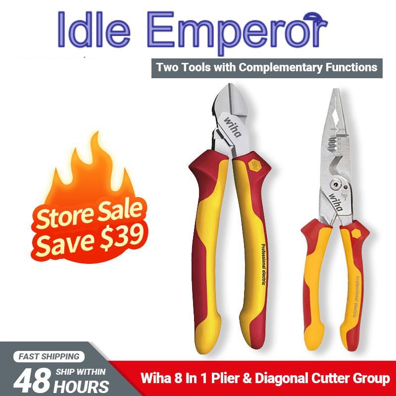 Wiha ชุดเครื่องมือ 45489 8-in-1 คีมช่างไฟฟ้ามัลติฟังก์ชั่นและ 43335 คีมแนวทแยง 1000V VDE เครื่องตัดแ